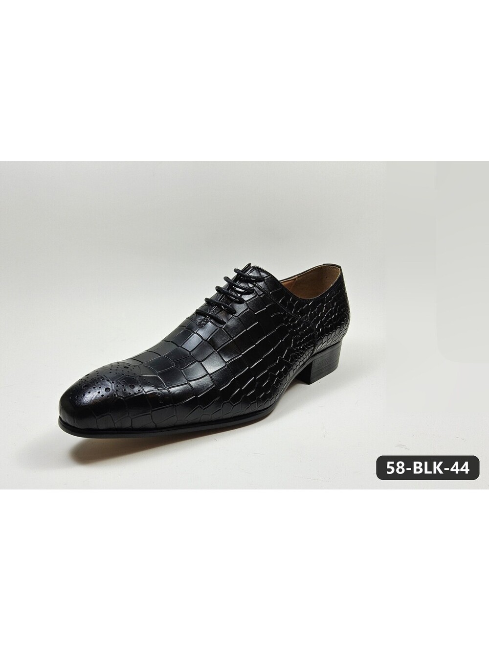 Men's Black Croc-Embossed Brogue Oxfords with Stacked Heel